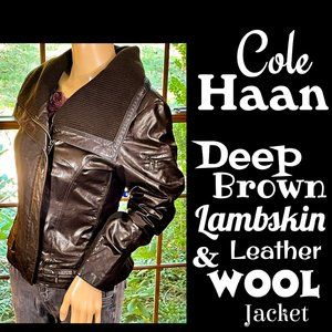 ⭐️HP⭐️COLE HAAN▪️Deep Brown Lambskin Leather & Wool Convertible Collar Jacket